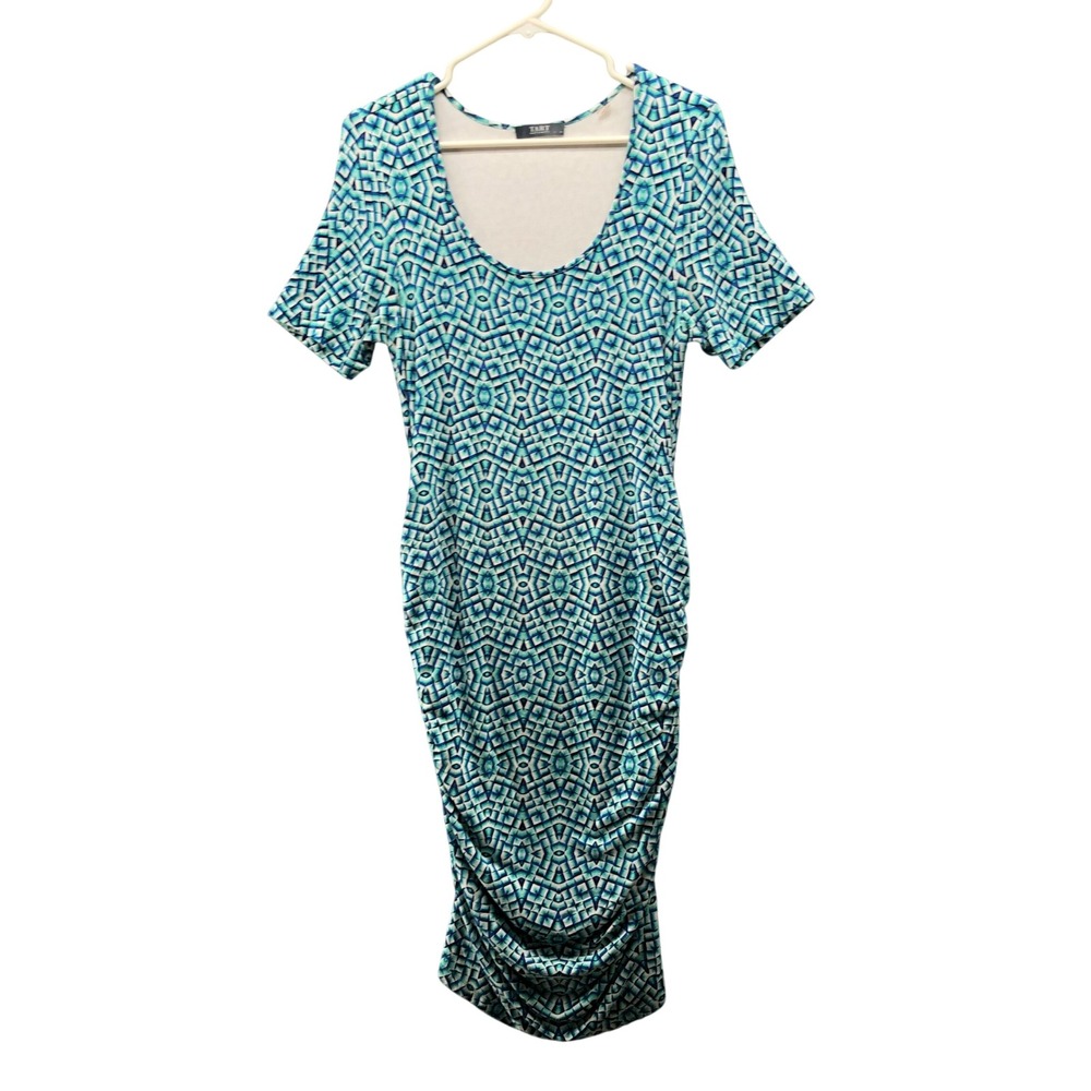 Tart Maternity Ruched Bodycon Dress Womens M Blue Geometric Print Short Sleeve